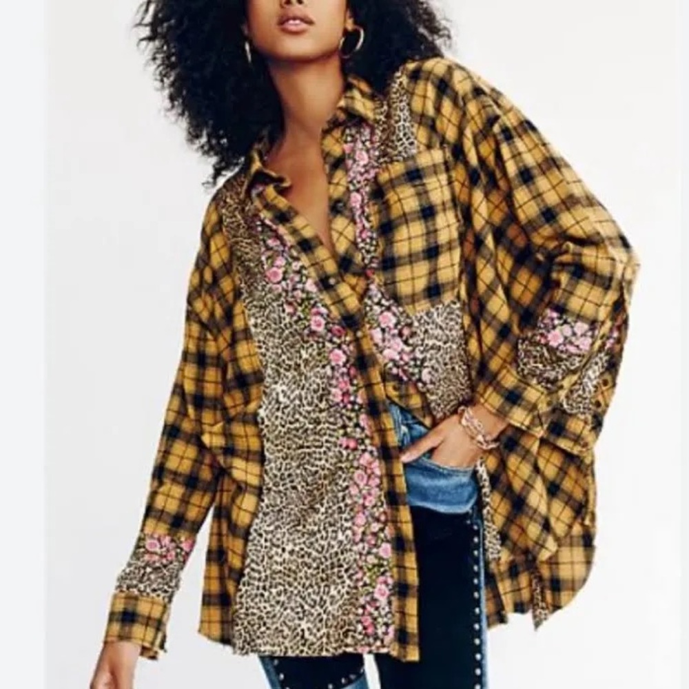 We The Free Yellow/Orange Plaid & Leopard Print Button-Down Shirt